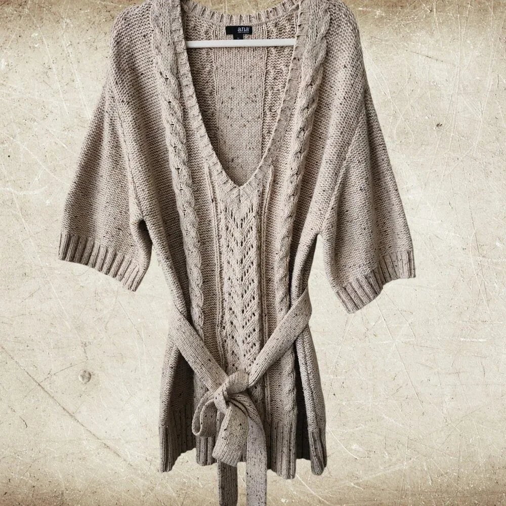 a.n.a Cable-Knit Oatmeal-Marled Deep V-Neck Sweater Size 1X - Picture 1 of 5